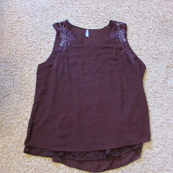 NWOT Vanity XL Burgandy Red Sequin Shoulders Lace Body Chiffon Overlay Tank Top - Picture 1 of 2